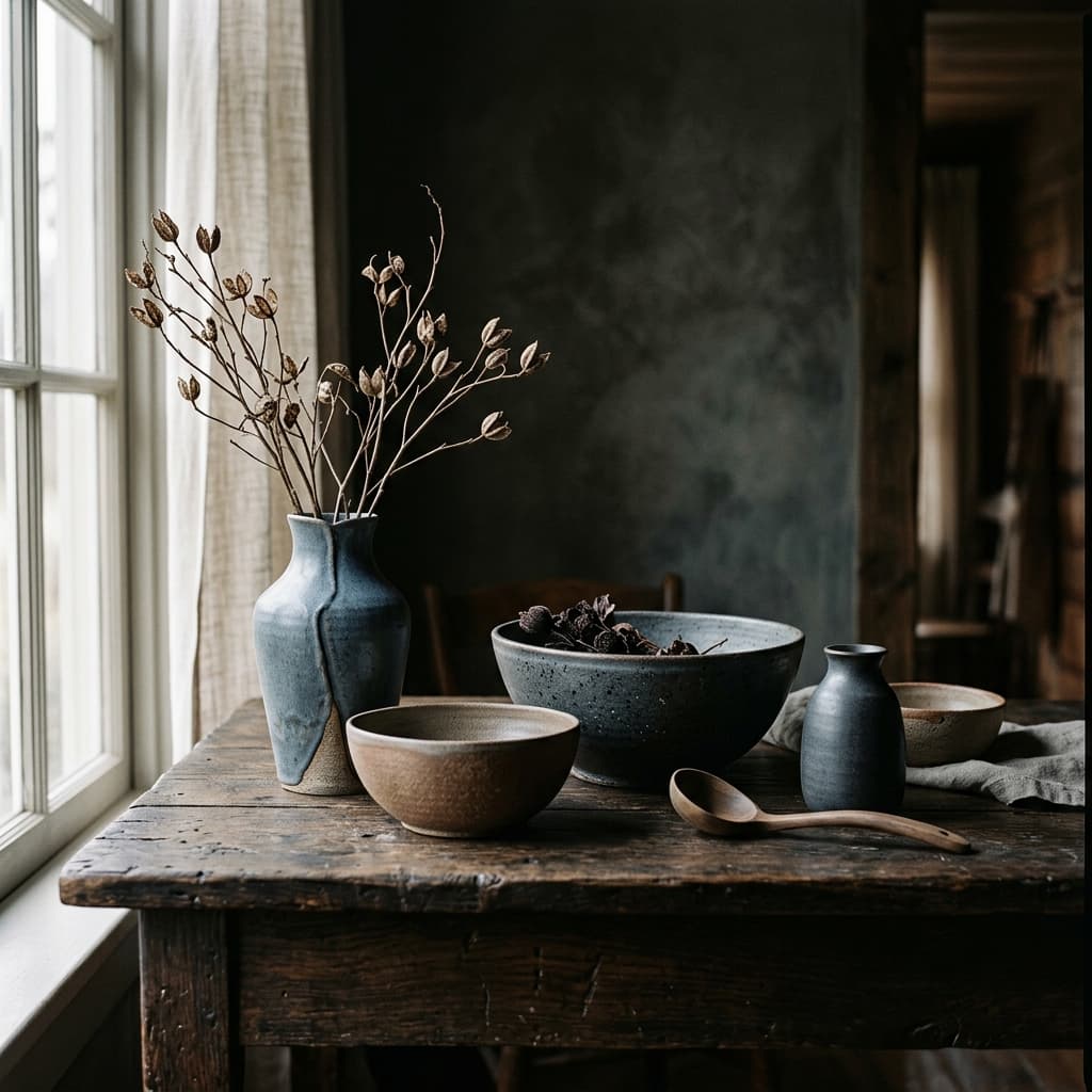 Hand-thrown pottery on a textured table